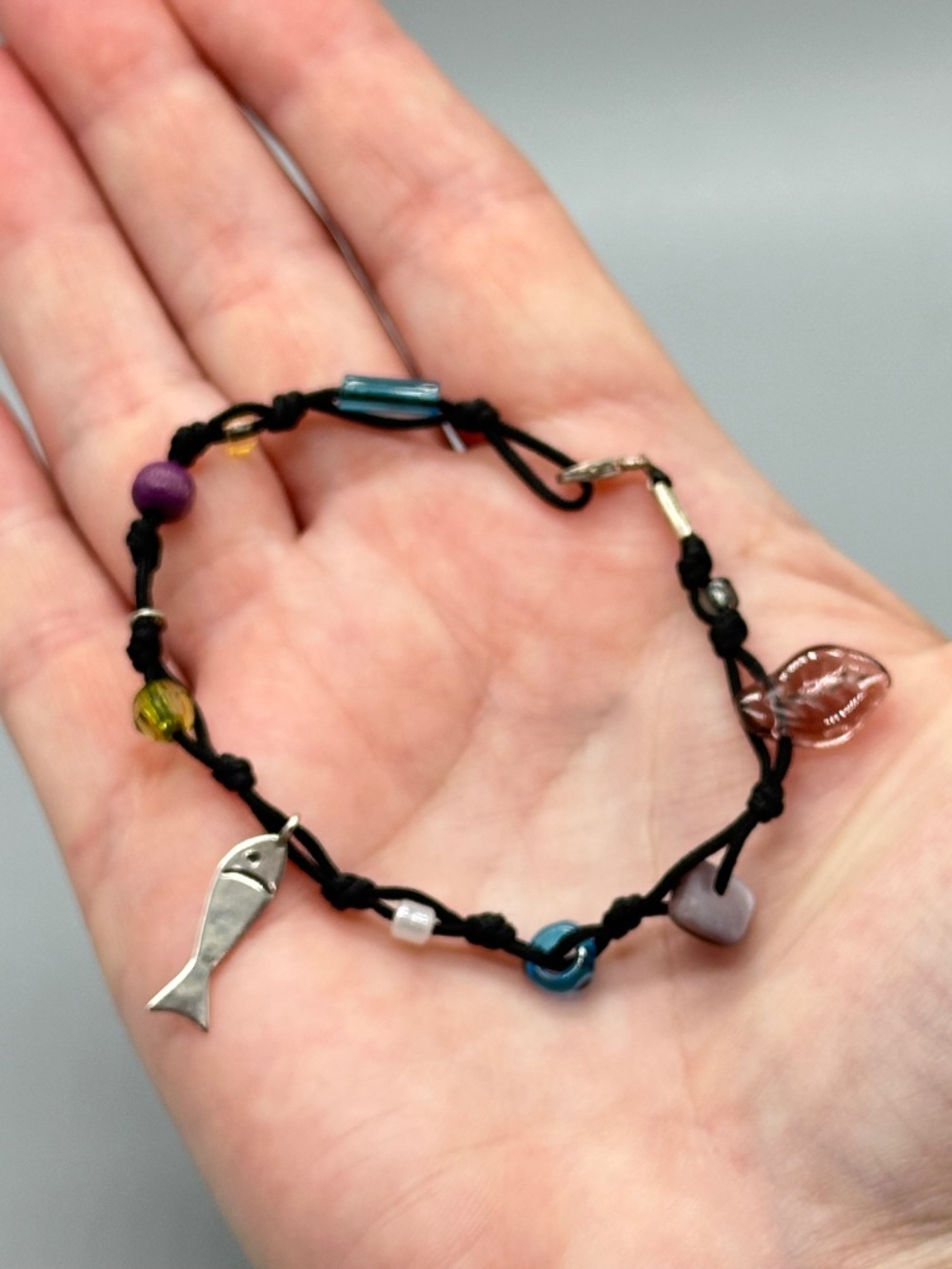 Sterling Silver Glass Bead Colorful Corded Bracelet 7 Boho Fish Heart